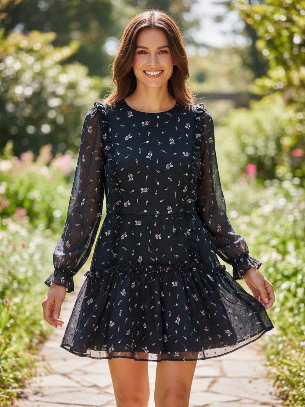 Truly Me Black Mini Dress with Pink Floral Print